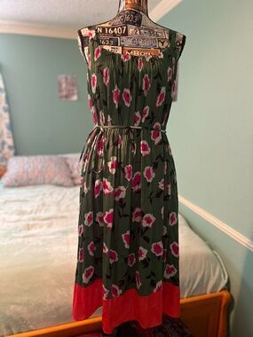 Anthropologie Olive Green Floral Midi Dress with Pink and Red Hem
